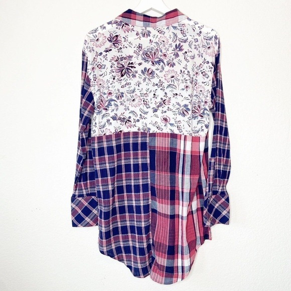 Caslon Floral Back Red and Blue Plaid Button Up Tunic Top S - Picture 8 of 11